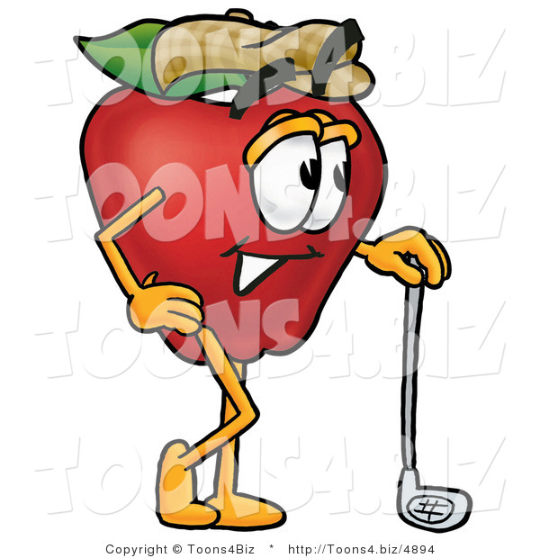 Vector Illustration of a Red Apple Mascot Leaning on a Golf Club While Golfing