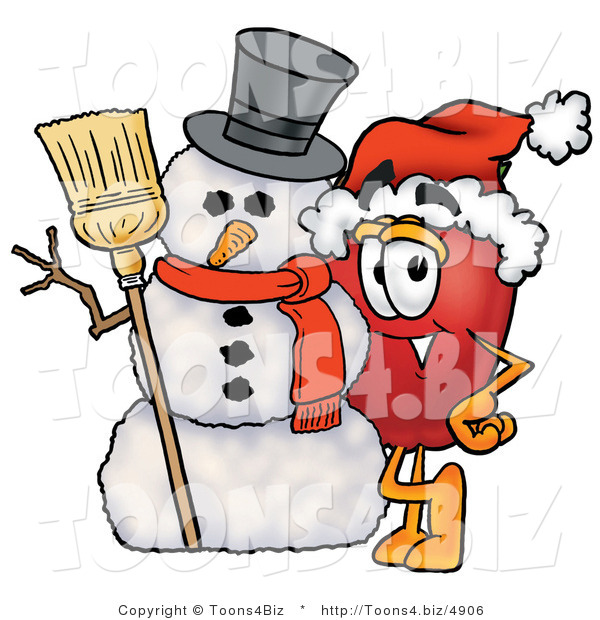 Vector Illustration of a Red Apple Mascot Leaning on a Snowman on Christmas