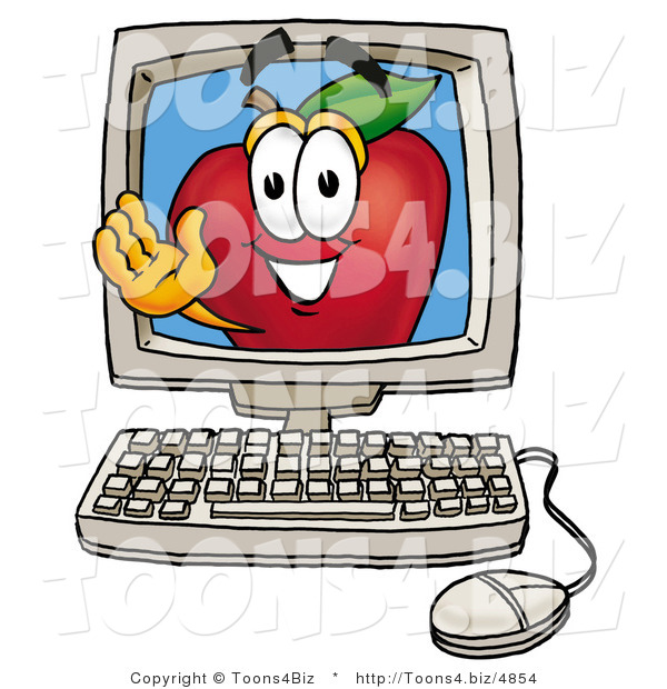 Vector Illustration of a Red Apple Mascot on a Desktop Computer Screen