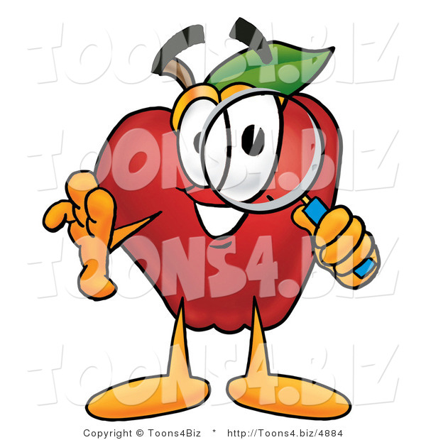 Vector Illustration of a Red Apple Mascot Peeking Through a Magnifying Glass