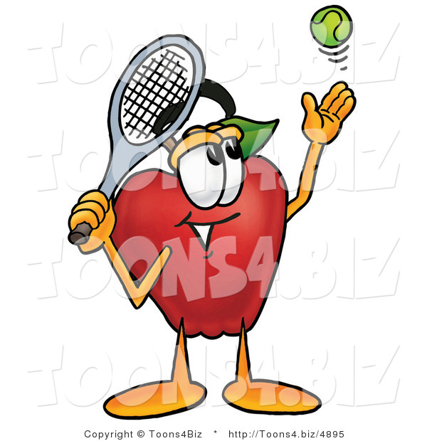 Vector Illustration of a Red Apple Mascot Preparing to Hit a Tennis Ball