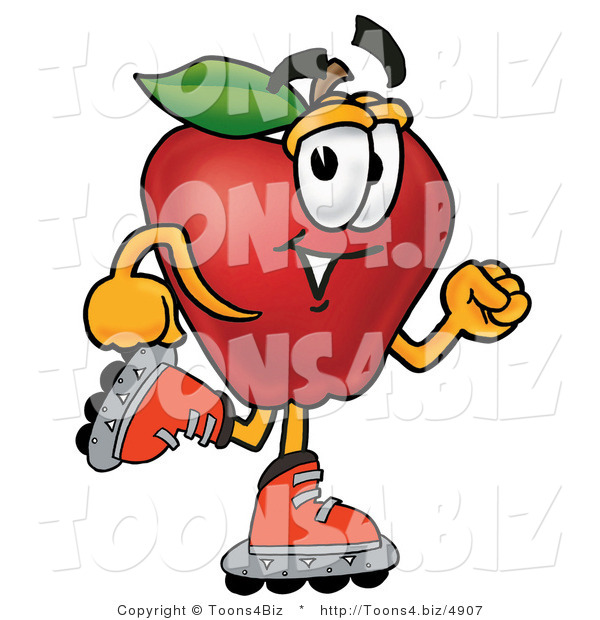Vector Illustration of a Red Apple Mascot Roller Blading on Inline Skates