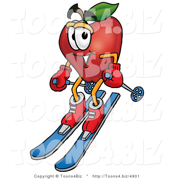 Vector Illustration of a Red Apple Mascot Skiing Downhill