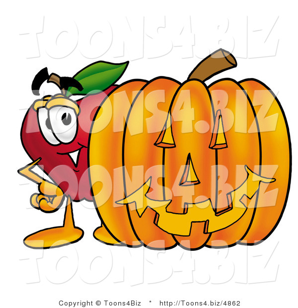 Vector Illustration of a Red Apple Mascot Standing with a Carved Jackolantern Halloween Pumpkin