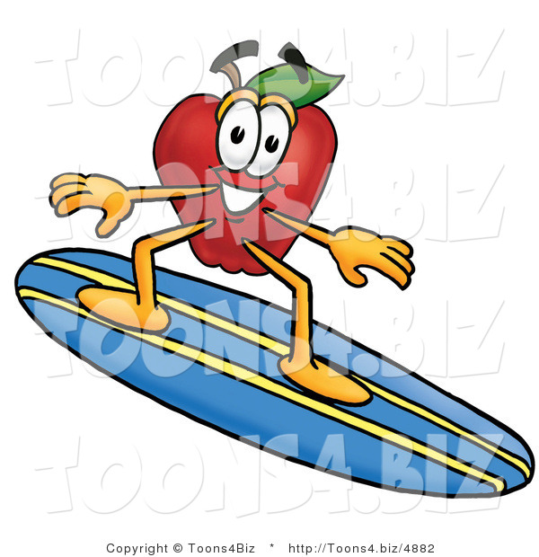 Vector Illustration of a Red Apple Mascot Surfing on a Blue and Yellow Surfboard