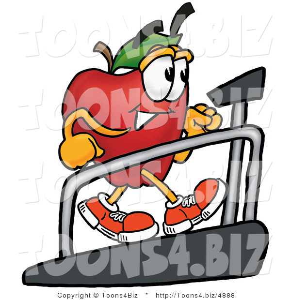 Vector Illustration of a Red Apple Mascot Walking on a Treadmill in a Fitness Gym