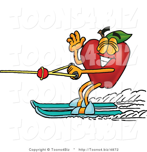 Vector Illustration of a Red Apple Mascot Waving and Water Skiing