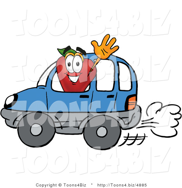 Vector Illustration of a Red Apple Mascot Waving While Driving by in a Blue Car