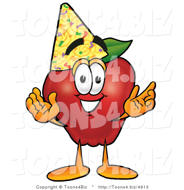 Vector Illustration of a Red Apple Mascot Wearing a Birthday Party Hat