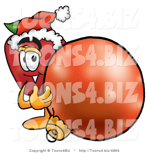 Vector Illustration of a Red Apple Mascot Wearing a Santa Hat, Next to a Christmas Bauble