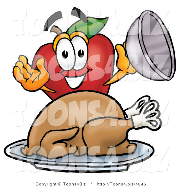 Vector Illustration of a Red Apple Mascot with a Cooked Thanksgiving Turkey on a Platter