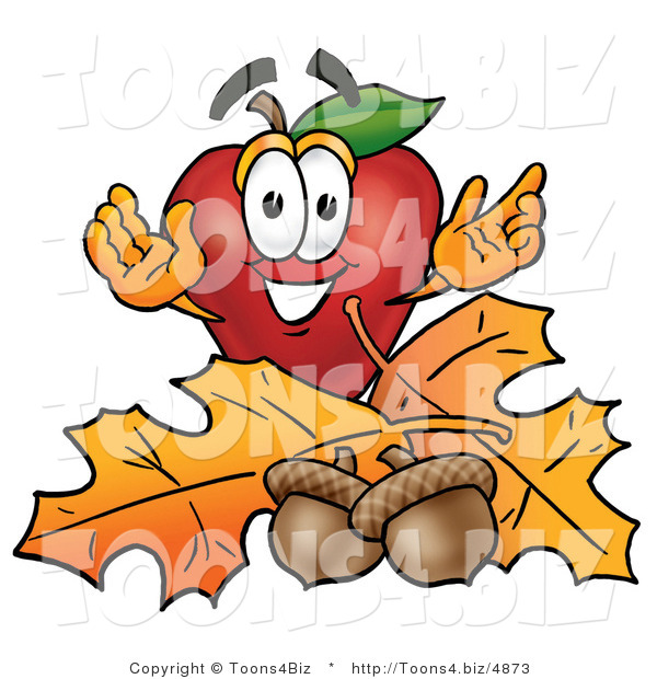 Vector Illustration of a Red Apple Mascot with Acorns and Fall Leaves in Autumn