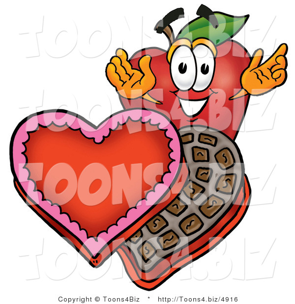 Vector Illustration of a Red Apple Mascot with an Open Box of Valentines Day Chocolate Candies