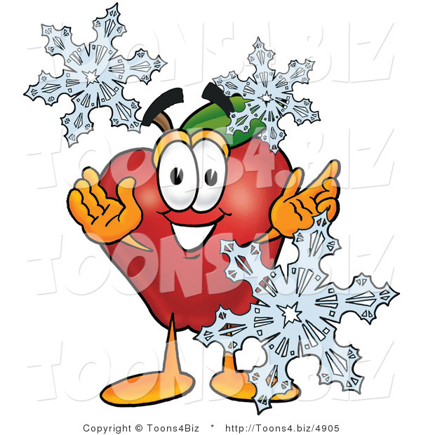 Vector Illustration of a Red Apple Mascot with Icy Snowflakes in Winter