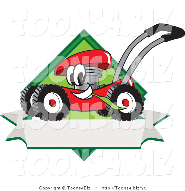Vector Illustration of a Red Cartoon Lawn Mower Mascot Chewing Grass on a Blank Ribbon Label