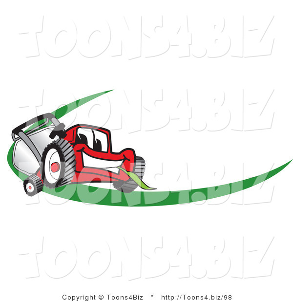 Vector Illustration of a Red Cartoon Lawn Mower Mascot Facing Front on a Logo or Nametag with a Green Dash