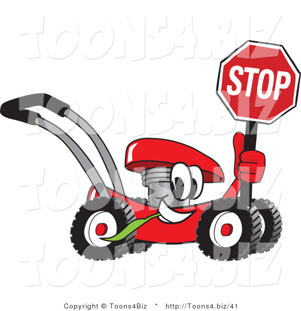 Vector Illustration of a Red Cartoon Lawn Mower Mascot Holding a Stop Sign
