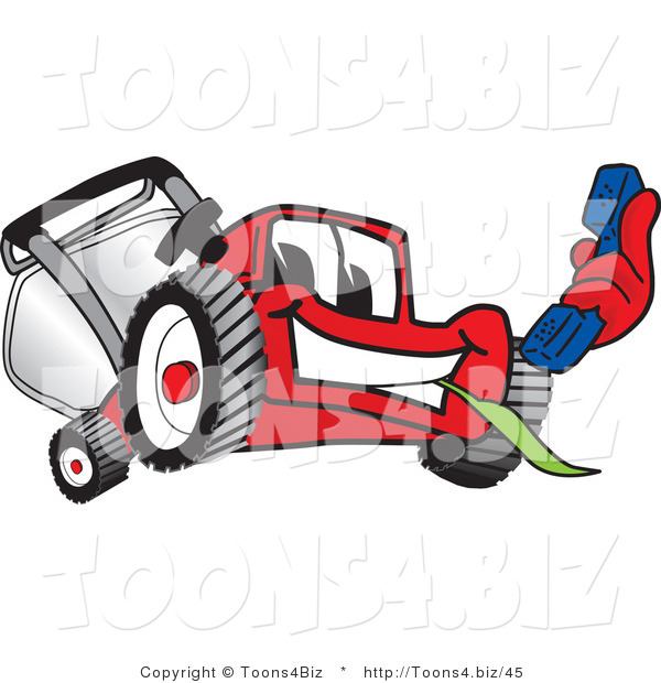Vector Illustration of a Red Cartoon Lawn Mower Mascot Holding out a Blue Telephone