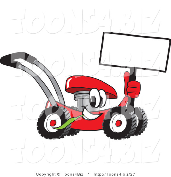 Vector Illustration of a Red Cartoon Lawn Mower Mascot Holding up a Blank Sign While Passing by