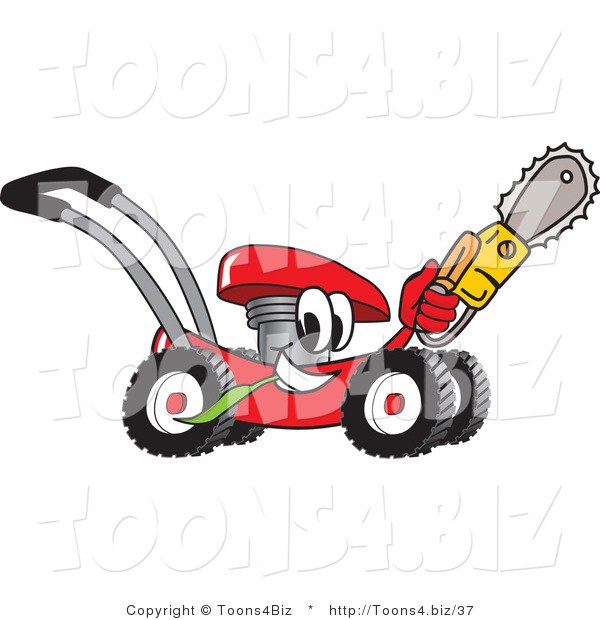 Vector Illustration of a Red Cartoon Lawn Mower Mascot Holding up a Saw