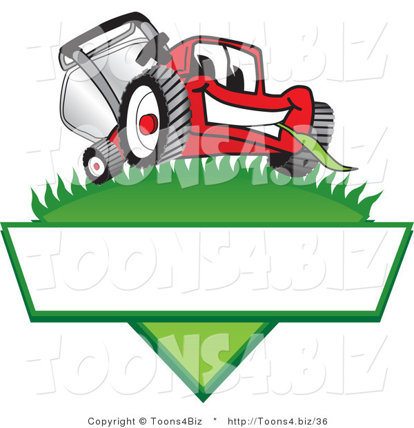 Vector Illustration of a Red Cartoon Lawn Mower Mascot on a Grassy Hill on a Blank Label