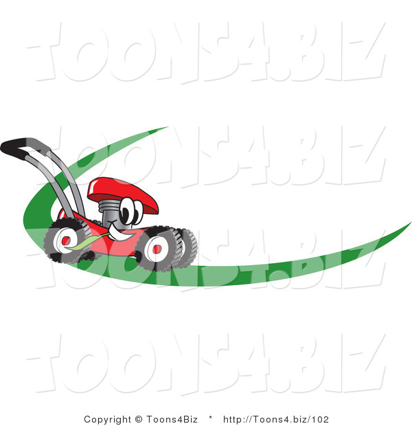 Vector Illustration of a Red Cartoon Lawn Mower Mascot on a Logo or Nametag with a Green Dash