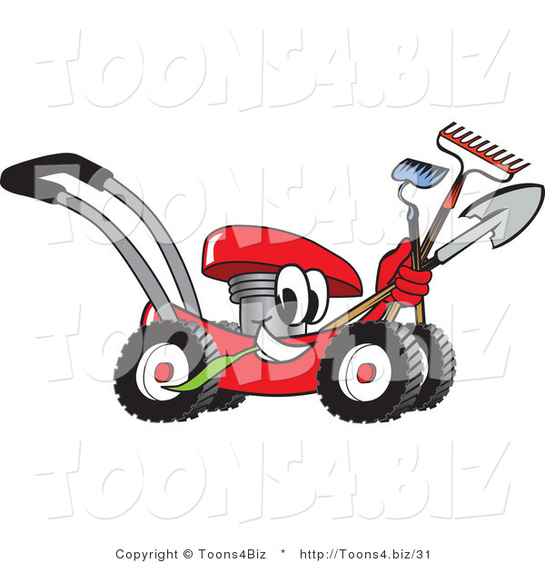 Vector Illustration of a Red Cartoon Lawn Mower Mascot Passing by with a Hoe, Rake and Shovel