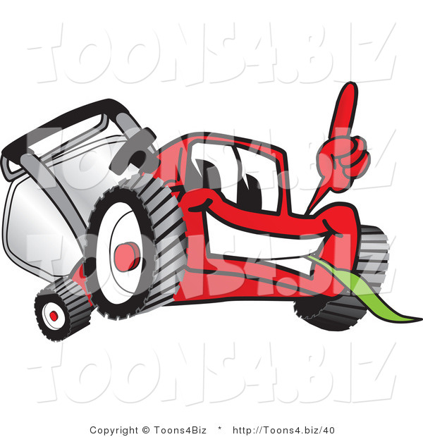 Vector Illustration of a Red Cartoon Lawn Mower Mascot Pointing Upwards
