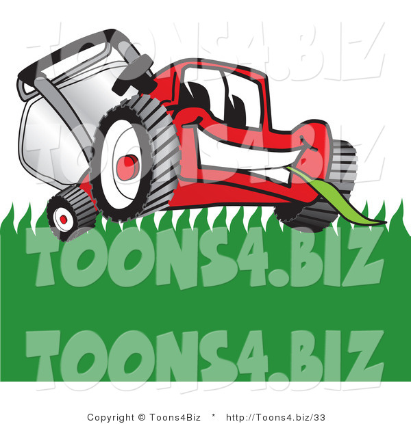 Vector Illustration of a Red Cartoon Lawn Mower Mascot Smiling While Mowing Grass