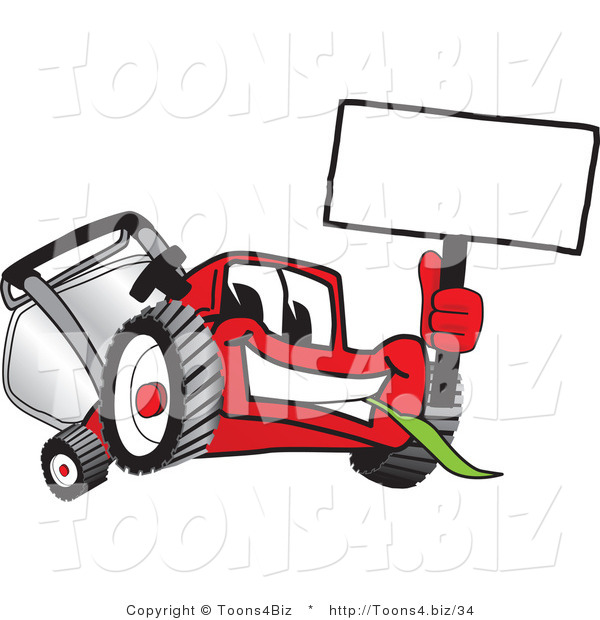 Vector Illustration of a Red Cartoon Lawn Mower Mascot Waving a Blank White Sign