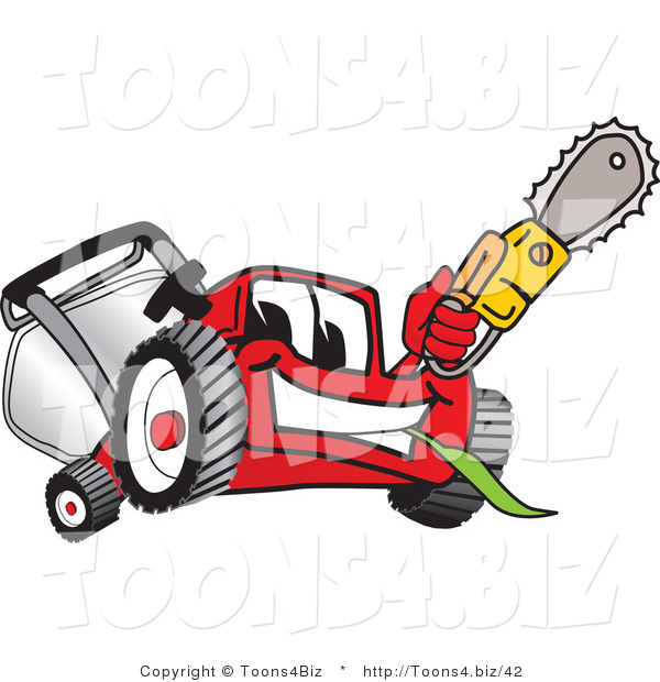 Vector Illustration of a Red Cartoon Lawn Mower Mascot Waving a Saw