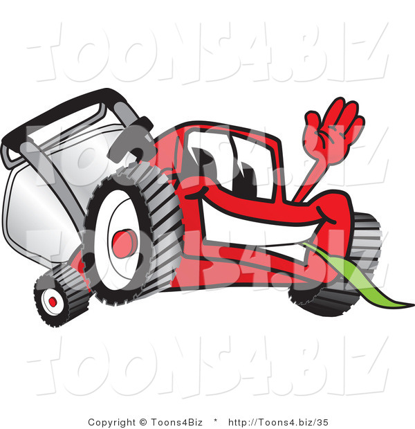 Vector Illustration of a Red Cartoon Lawn Mower Mascot Waving Hello and Eating Grass