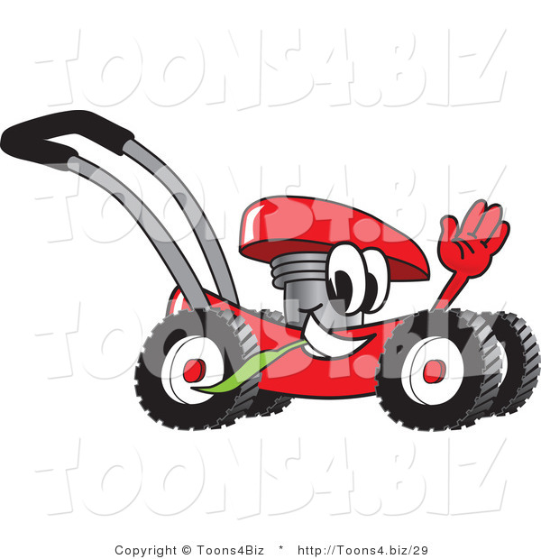 Vector Illustration of a Red Cartoon Lawn Mower Mascot Waving While Passing by