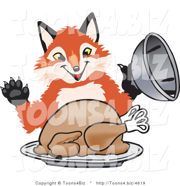 Vector Illustration of a Red Fox Mascot Serving a Thanksgiving Turkey on a Platter