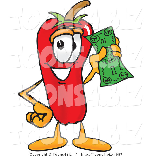 Vector Illustration of a Red Hot Chili Pepper Mascot Holding a Dollar Bill