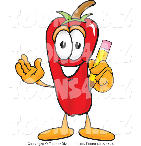 Vector Illustration of a Red Hot Chili Pepper Mascot Holding a Pencil