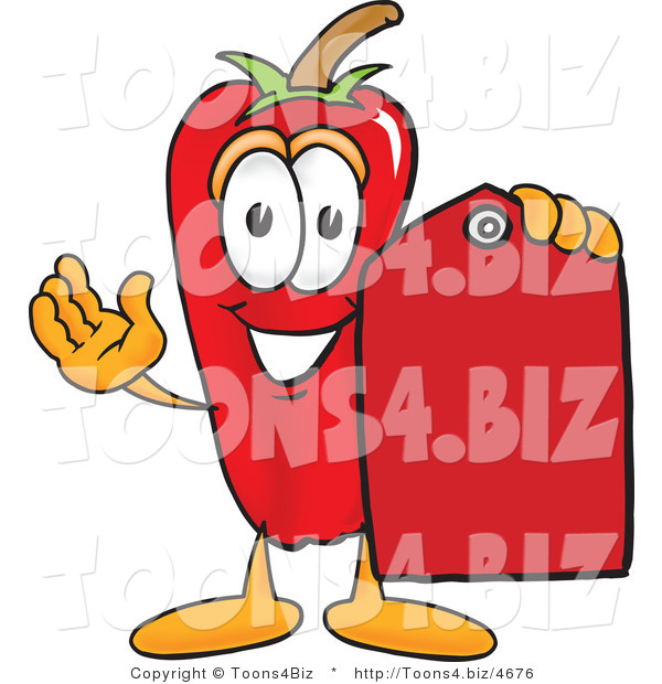 Vector Illustration of a Red Hot Chili Pepper Mascot Holding a Red Price Tag