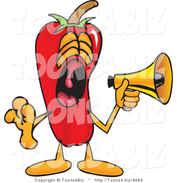 Vector Illustration of a Red Hot Chili Pepper Mascot Screaming into a Megaphone