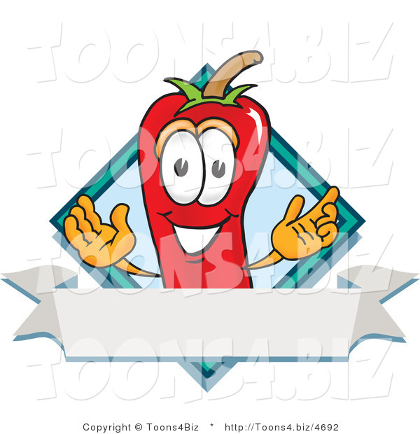 Vector Illustration of a Red Hot Chili Pepper Mascot with a Blue Diamond and Blank Label