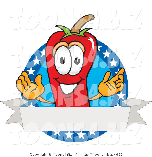 Vector Illustration of a Red Hot Chili Pepper Mascot with Stars and a Blank Label