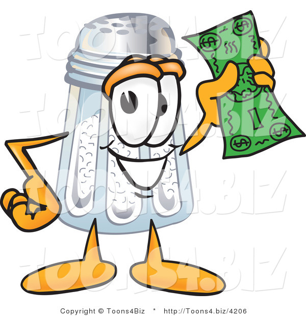 Vector Illustration of a Salt Shaker Mascot Holding a Dollar Bill
