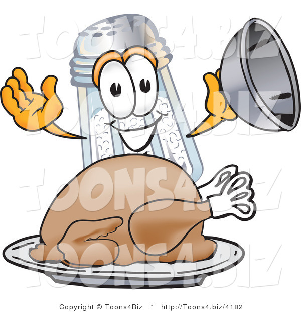 Vector Illustration of a Salt Shaker Mascot Serving a Thanksgiving Turkey on a Platter