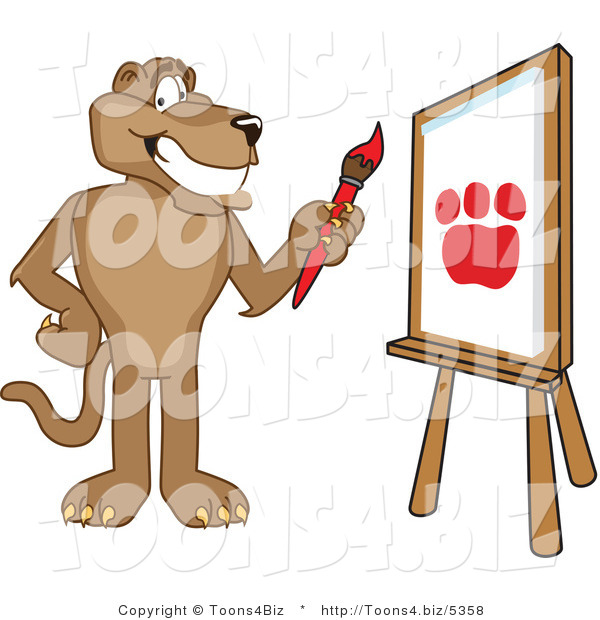 Vector Illustration of a Smiling Cougar Mascot Painting a Paw Print