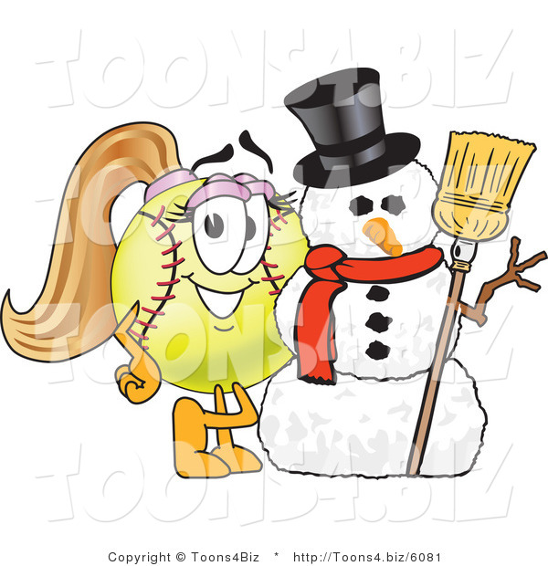 Vector Illustration of a Softball Girl Mascot by a Snowman