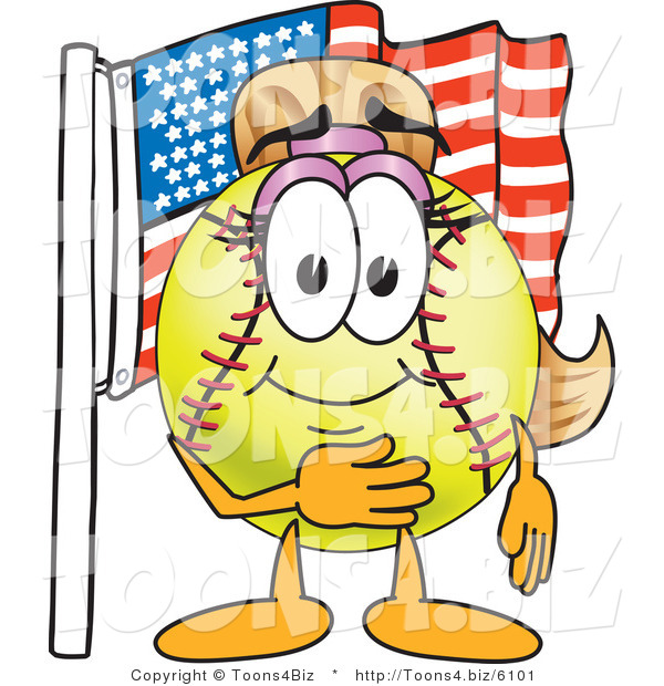 Vector Illustration of a Softball Girl Mascot by an American Flag