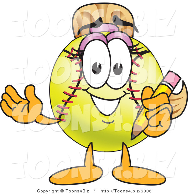 Vector Illustration of a Softball Girl Mascot Holding a Pencil