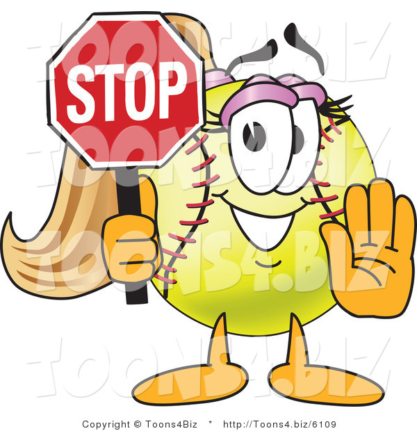 Vector Illustration of a Softball Girl Mascot Holding a Stop Sign