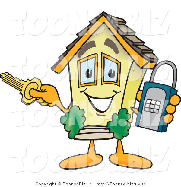 Vector Illustration of a Unlocked Cartoon Home Mascot Holding a Lock and Key