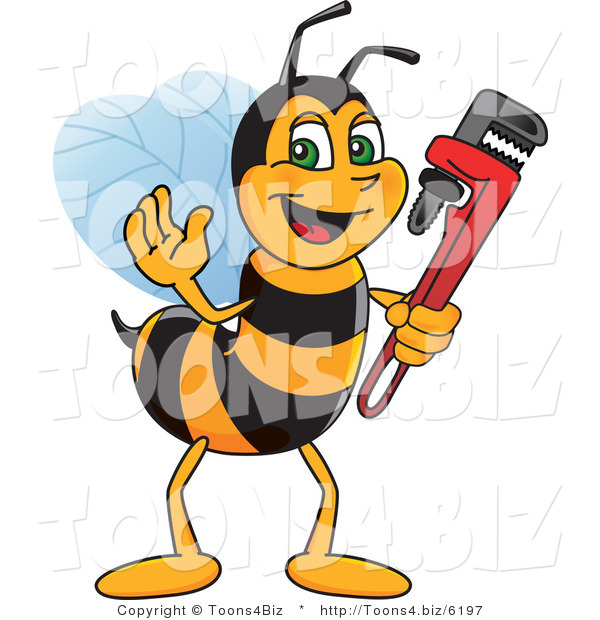 Vector Illustration of a Worker Bee Mascot Holding a Monkey Wrench