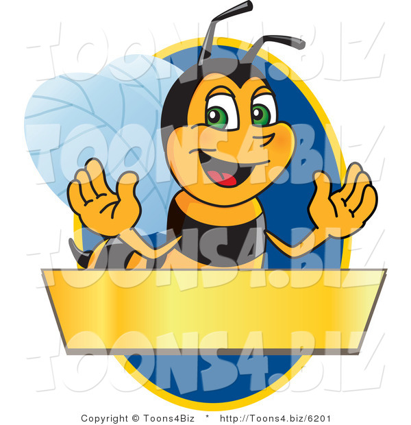 Vector Illustration of a Worker Bee Mascot Logo Mascot over a Blank Banner on a Blue Oval